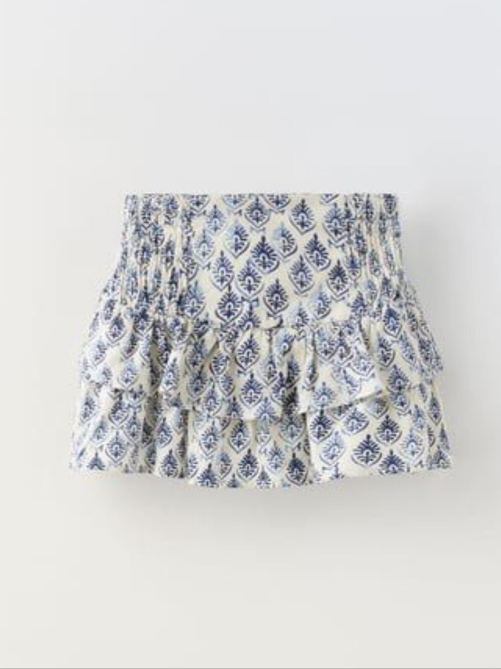 ZARA girls tiered Smocked Boho Skirt 6 Indigo Ethnic Block Print Mini